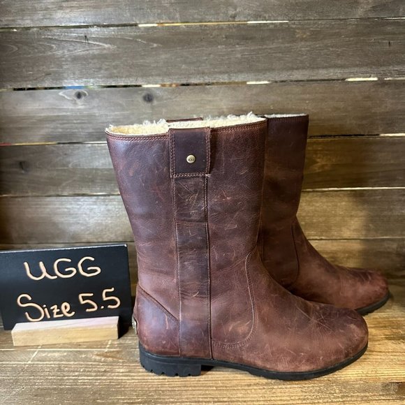 Womens Ugg Burrough Brown‎ Leather Lined Mid Calf Riding Winter Boots Size 5.5 M - Picture 1 of 6
